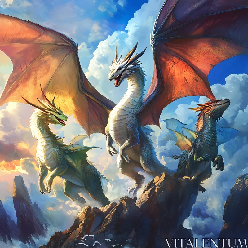 Mythical Dragons on Mountain Top AI Image