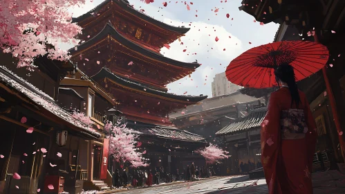 Red Kimono in Japanese Blossoming Town