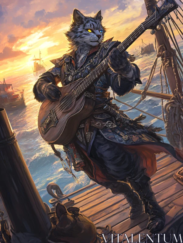 AI ART Feline Musician on a Ship at Dusk