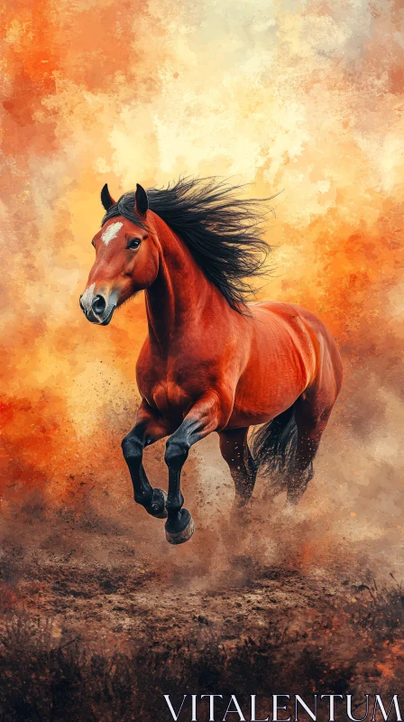 Galloping Horse in Fiery Landscape AI Image