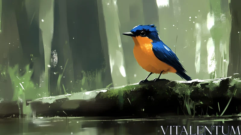 AI ART Forest Bird Perched on Mossy Log