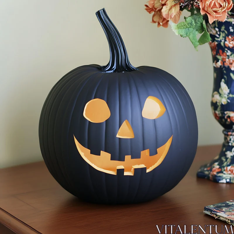 Black Halloween Pumpkin with Glowing Face AI Image