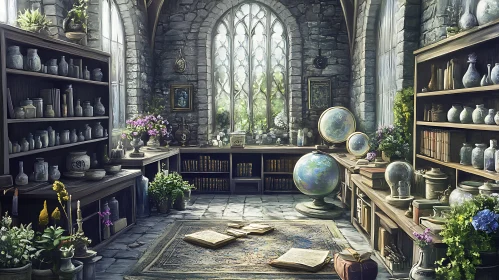 Vintage Library with Stone Walls and Books