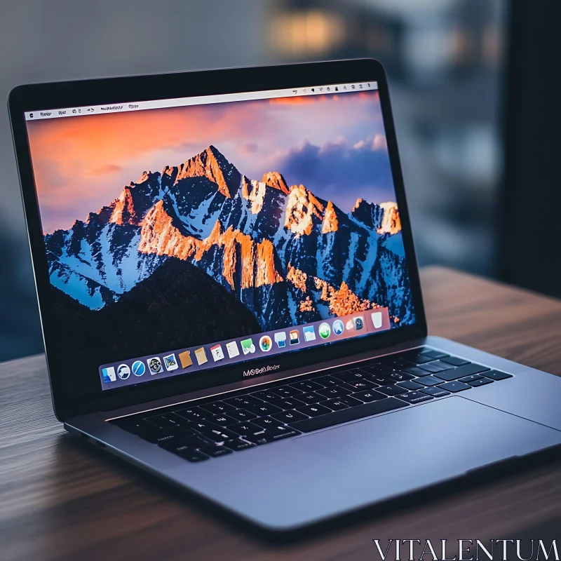 Sleek Laptop Displaying Mountains at Sunset AI Image