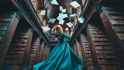 Library Scene with Woman and Floating Books