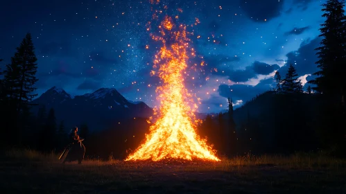 Giant Bonfire under Starry Night Sky in the Mountains