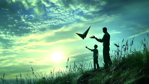 Silhouette of Father and Son Flying Paper Plane