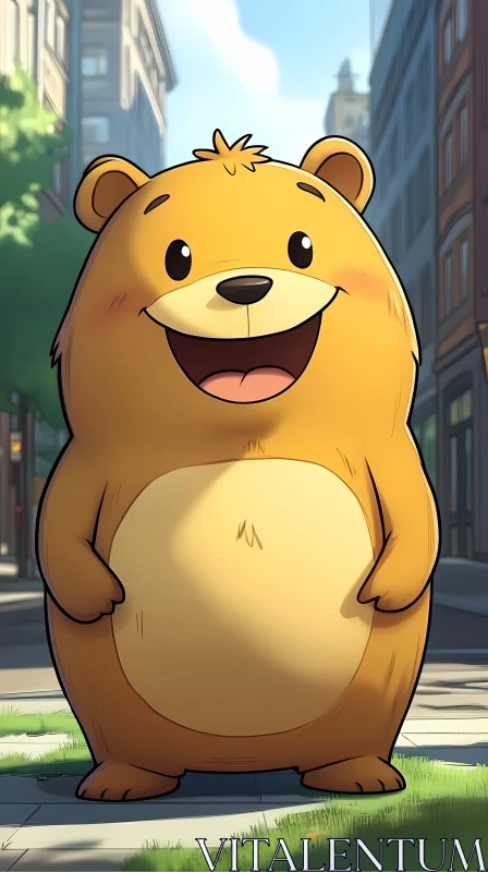 Cheerful Cartoon Bear on Urban Street AI Image