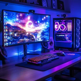 Immersive Gaming Desk with Neon-Lit PC and Monitor