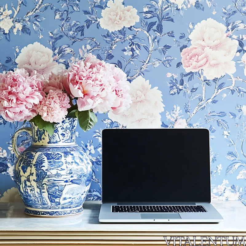 Stylish Workspace with Floral Decor AI Image