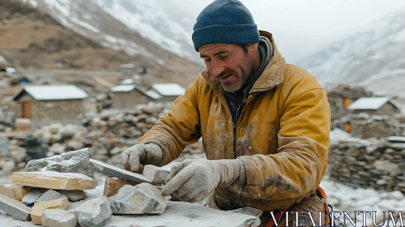 Stone Carver at Work in the Mountains AI Image