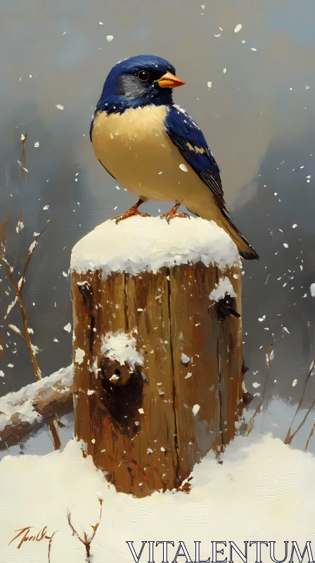 Blue Bird in Snowfall AI Image