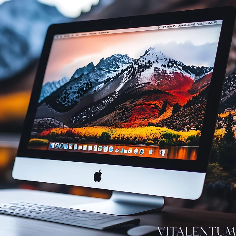 iMac Displaying Autumn Mountain Scene AI Image