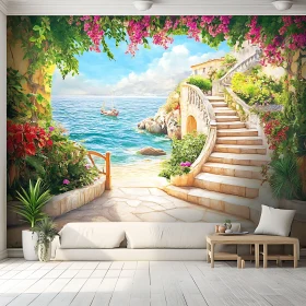 Scenic Coastal Staircase with Floral Archway