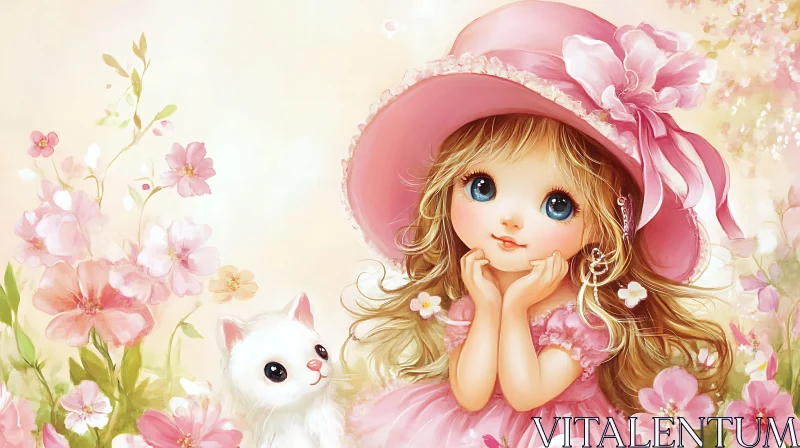 Whimsical Doll with Kitten in Floral Setting AI Image