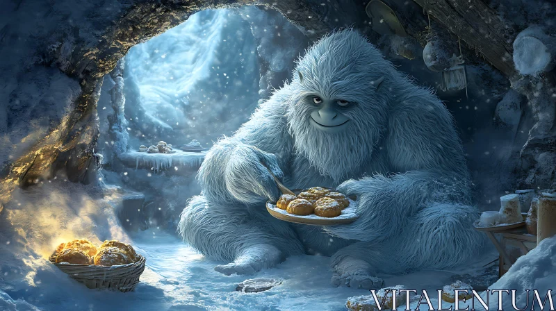 AI ART Friendly Yeti with Cookies in Snowy Cave