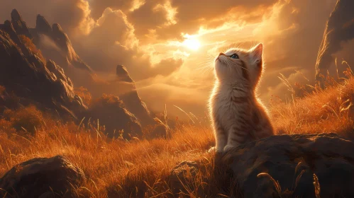 Serene Sunset with Kitten
