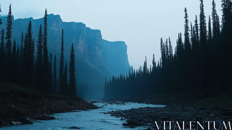 Misty Mountain River and Dense Forest Scenery AI Image