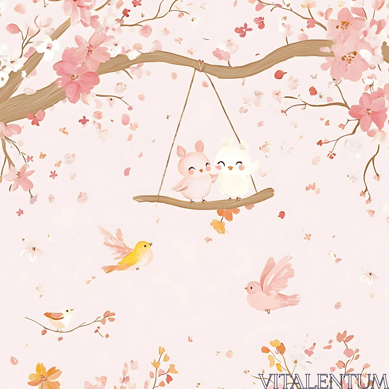 Adorable Birds and Blossoms Illustration AI Image