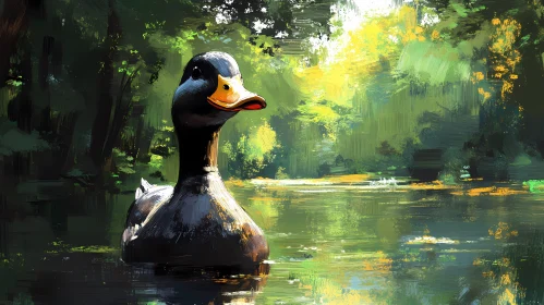 Duck Swimming in Forest Pond