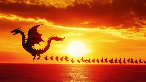 Dragon and Birds Silhouette at Sunset