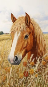 Chestnut Horse Among Golden Grains