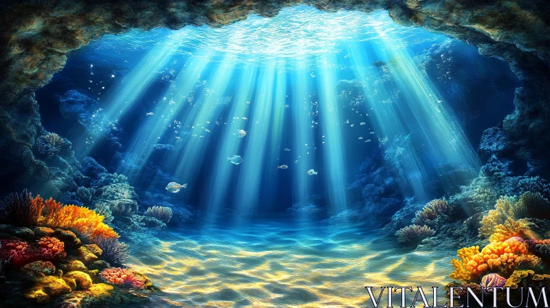 AI ART Sunlit Sea Cave with Vibrant Underwater Life