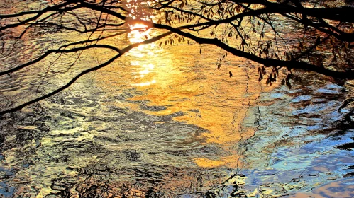 Sunset on Water with Tree Branch Silhouette