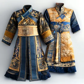 Intricate Vintage Fashion: Gold and Blue Dresses