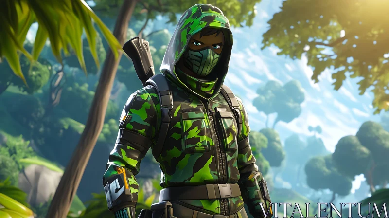 Hooded Figure in Camo Amidst Jungle AI Image