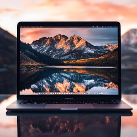 Mountain Landscape on Laptop Screen at Sunset