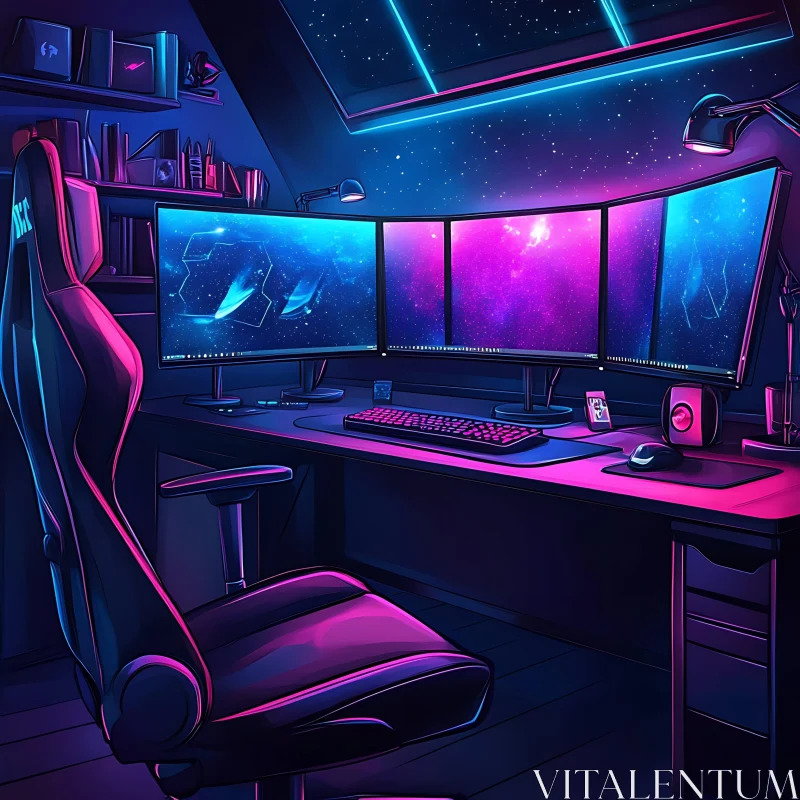 High-Tech Neon Gaming Desk Arrangement AI Image