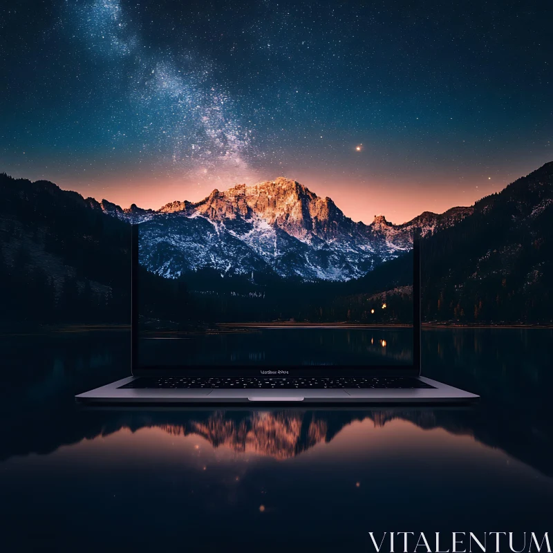 Laptop Screen Merging with Mountain Night Sky AI Image