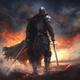 Armored Knight Amidst a Burning Horizon