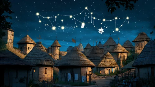 Starry Night Over Thatched Roof Village