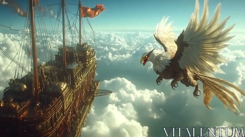 AI ART Majestic Griffon Flying Beside Sky Ship