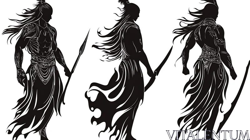 Tribal Warriors Spear Art Silhouette Figures AI Image