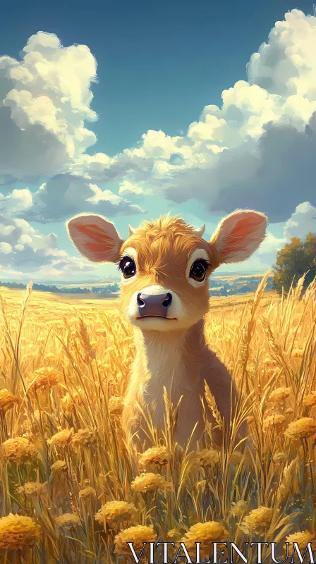 Charming Calf in Golden Fields AI Image