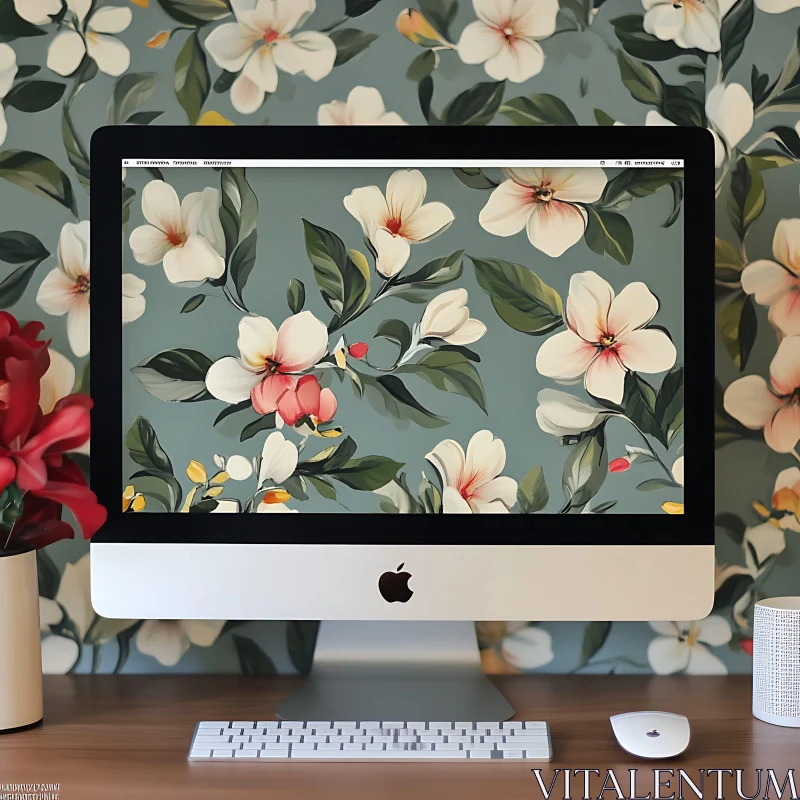 Floral Wallpaper on iMac Desk Setup AI Image