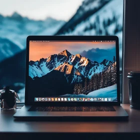 Laptop Displaying Mountain Wallpaper on Wooden Desk
