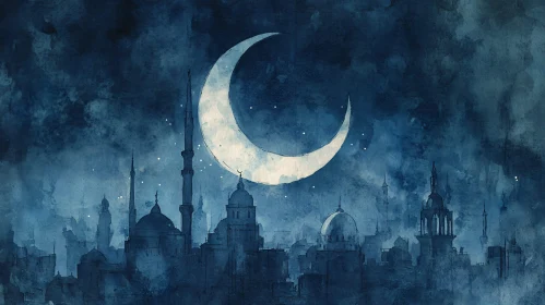 Watercolor Night Cityscape with Moon