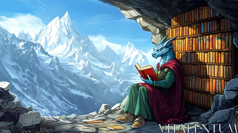 AI ART Scholarly Dragon Reads by Mountain View