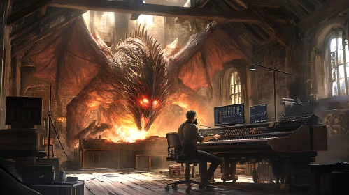 Man Composing Music with Fiery Dragon