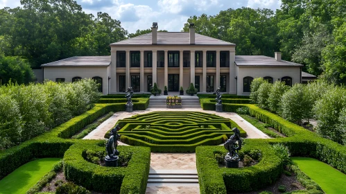 Luxury Mansion with Geometric Garden and Sculptures