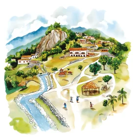 Mountain Village Watercolor Illustration