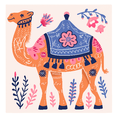 Flat-Style Vector Illustration of a Camel with Floral Pattern Saddle POD Design