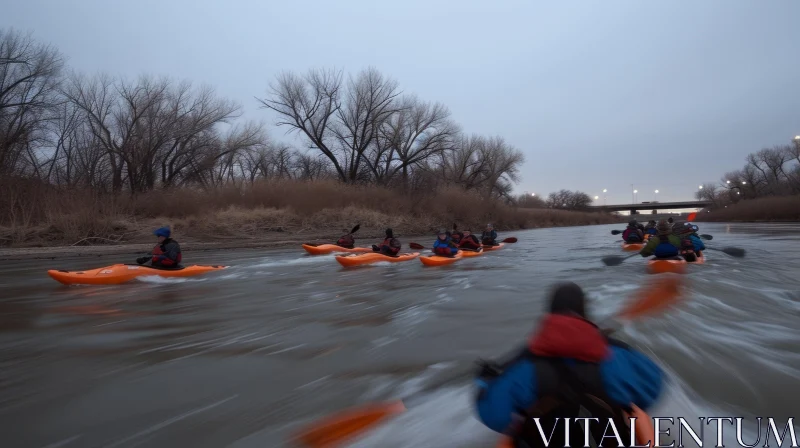 Misty Morning River Party: Paddle Boarders in Prairiecore Style AI Image