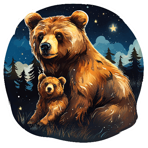 Mother Bear and Cub Illustrated in Forest at Night POD Design