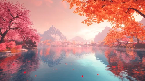 Serene Autumn Landscape with Mountains and Lake