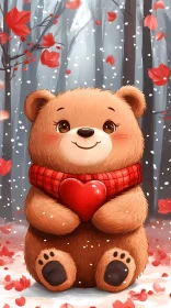 Cute Bear with Heart in Snowy Woods